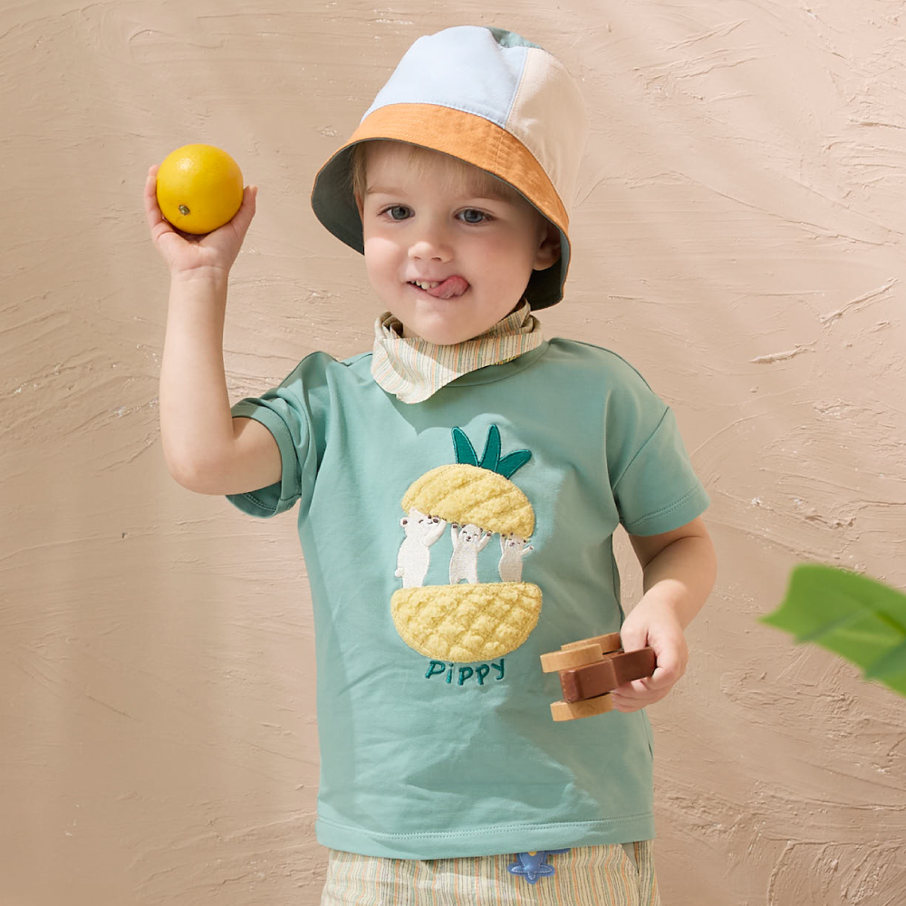 PIPPY 熊好運旺旺來刺繡沁涼短袖棉質上衣 綠