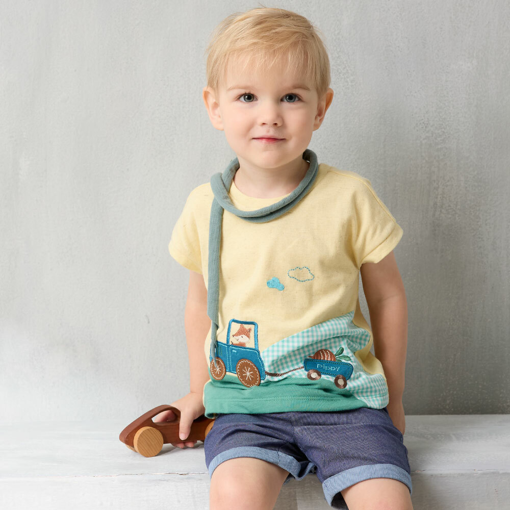 PIPPY南瓜卡車刺繡三色拼接短袖棉質上衣 黃