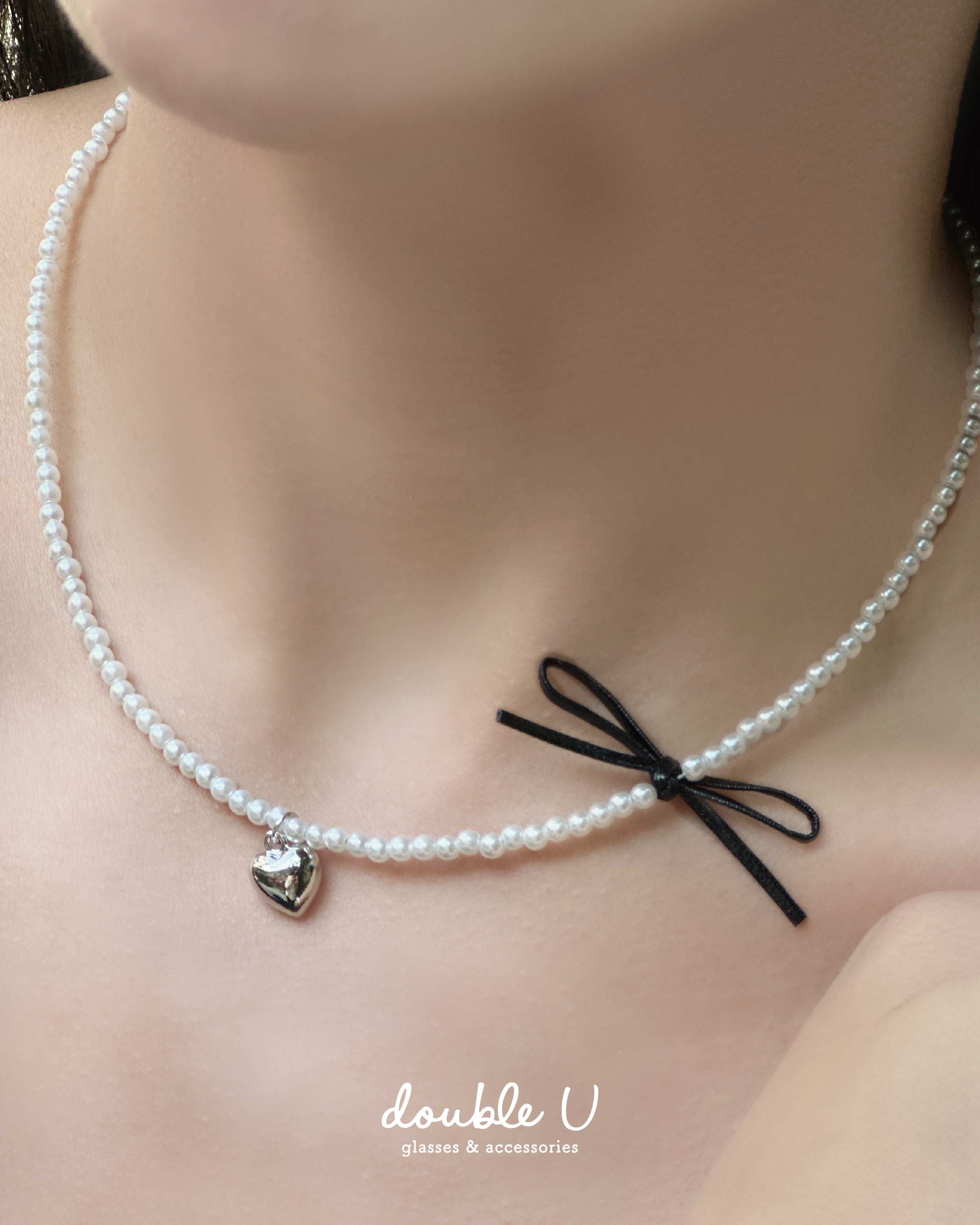珍珠小愛心蝴蝶結項鍊・Necklace (FNM10114)