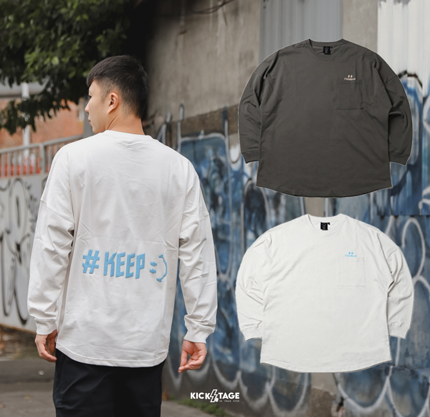 **特價商品售出無退換**#KEEP ORIGINAL POCKET LS TEE 杏 鐵灰 口袋 微笑 發泡字體 長袖 長T【KS204】