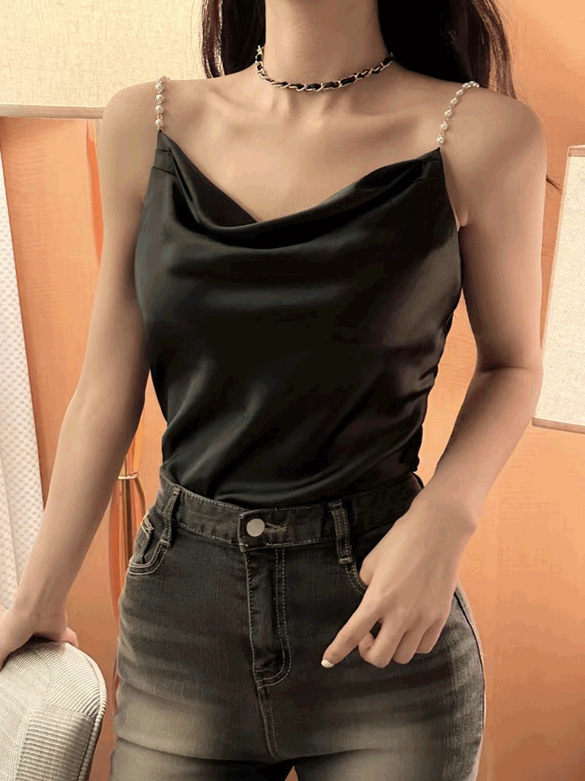 [現貨]珍珠細肩緞面背心(黑色)