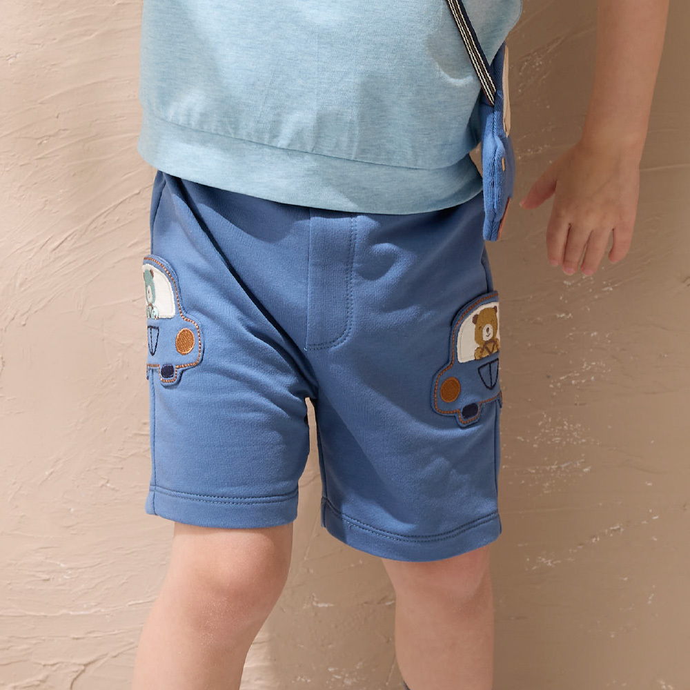 PIPPY童趣玩具車刺繡彩條羅紋拼接休閒短褲 藍