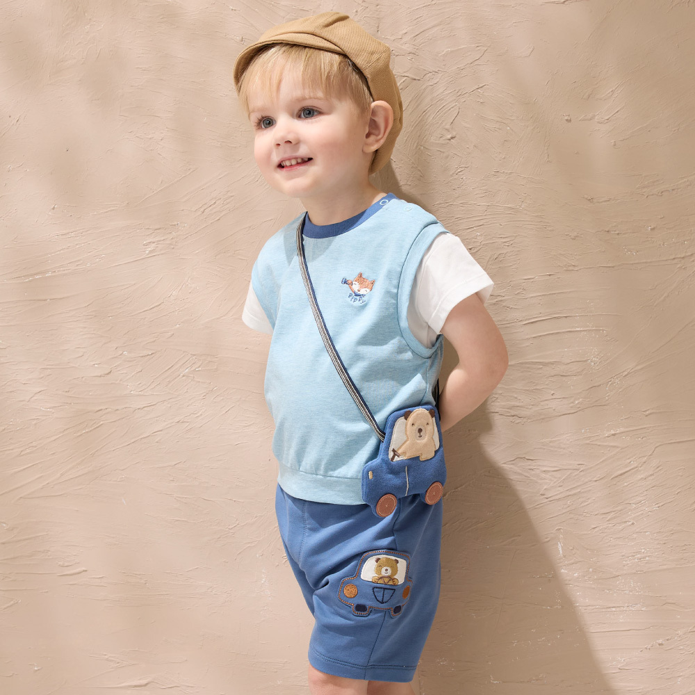 PIPPY童趣玩具車刺繡彩條羅紋拼接休閒短褲 藍