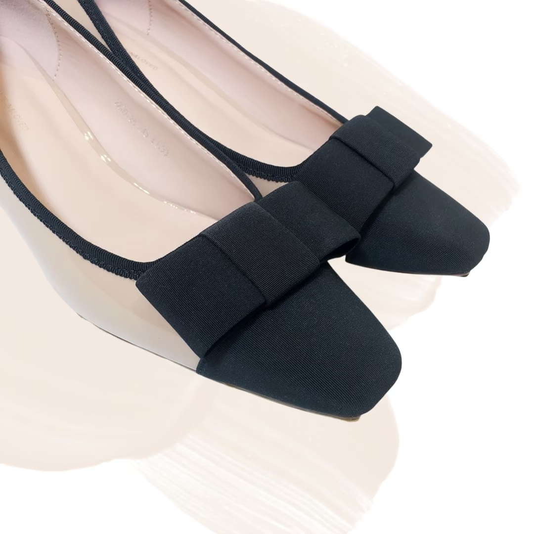 拼色方頭蝴蝶結中跟鞋