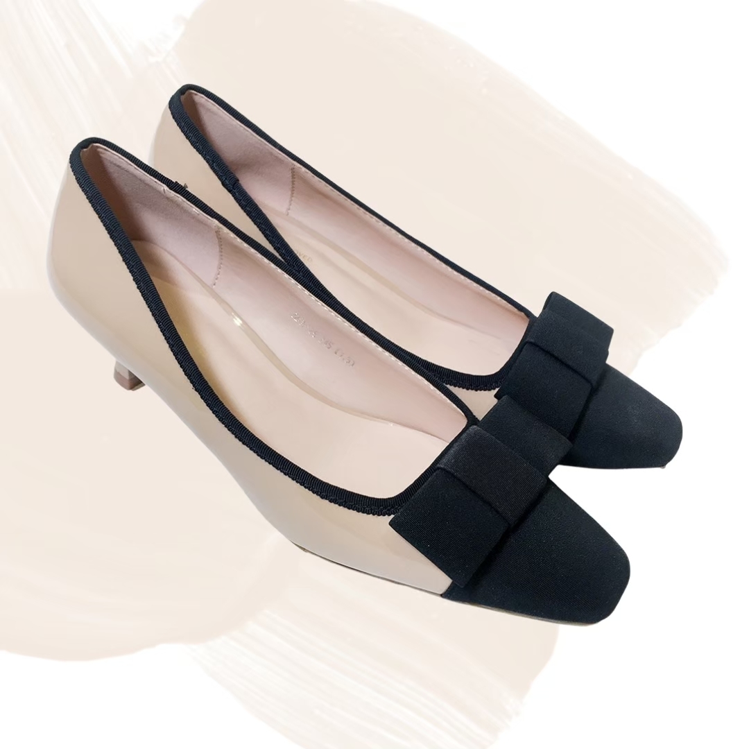 拼色方頭蝴蝶結中跟鞋