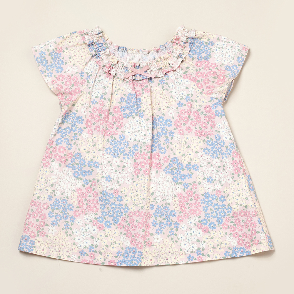 PIPPY 清新小碎花波浪抽皺一分袖圓領上衣 粉