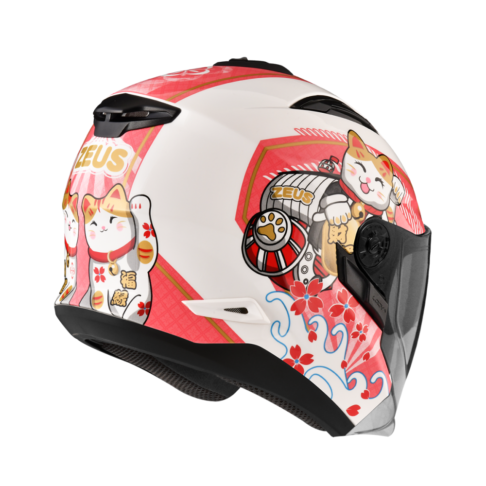 ZEUS 瑞獅 ZS613B AJ42 招財貓 白/桃紅｜zeus helmets 彩繪 半罩 安全帽 雙鏡片