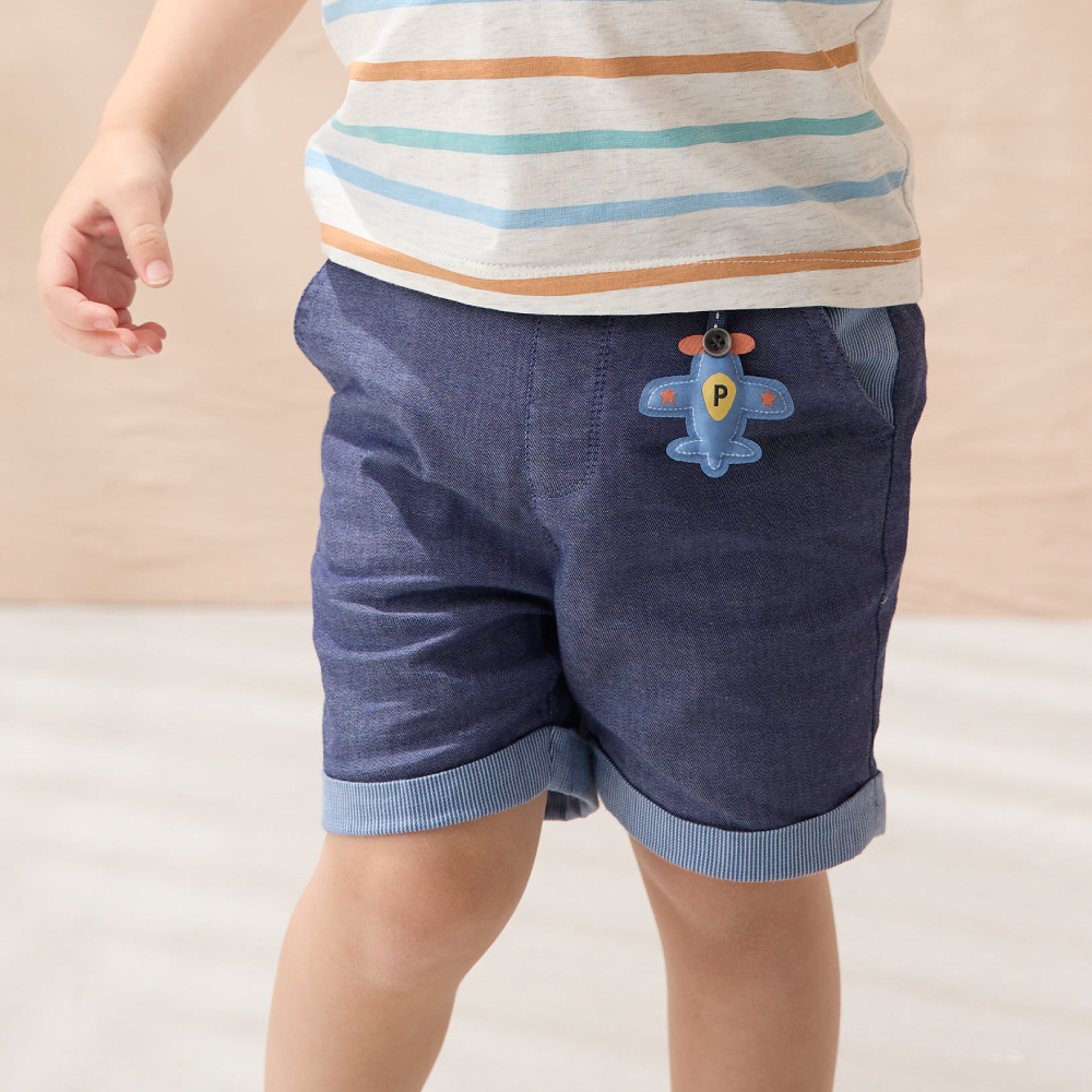 PIPPY休閒系一飛沖天飛機百搭反摺棉質短褲 藍