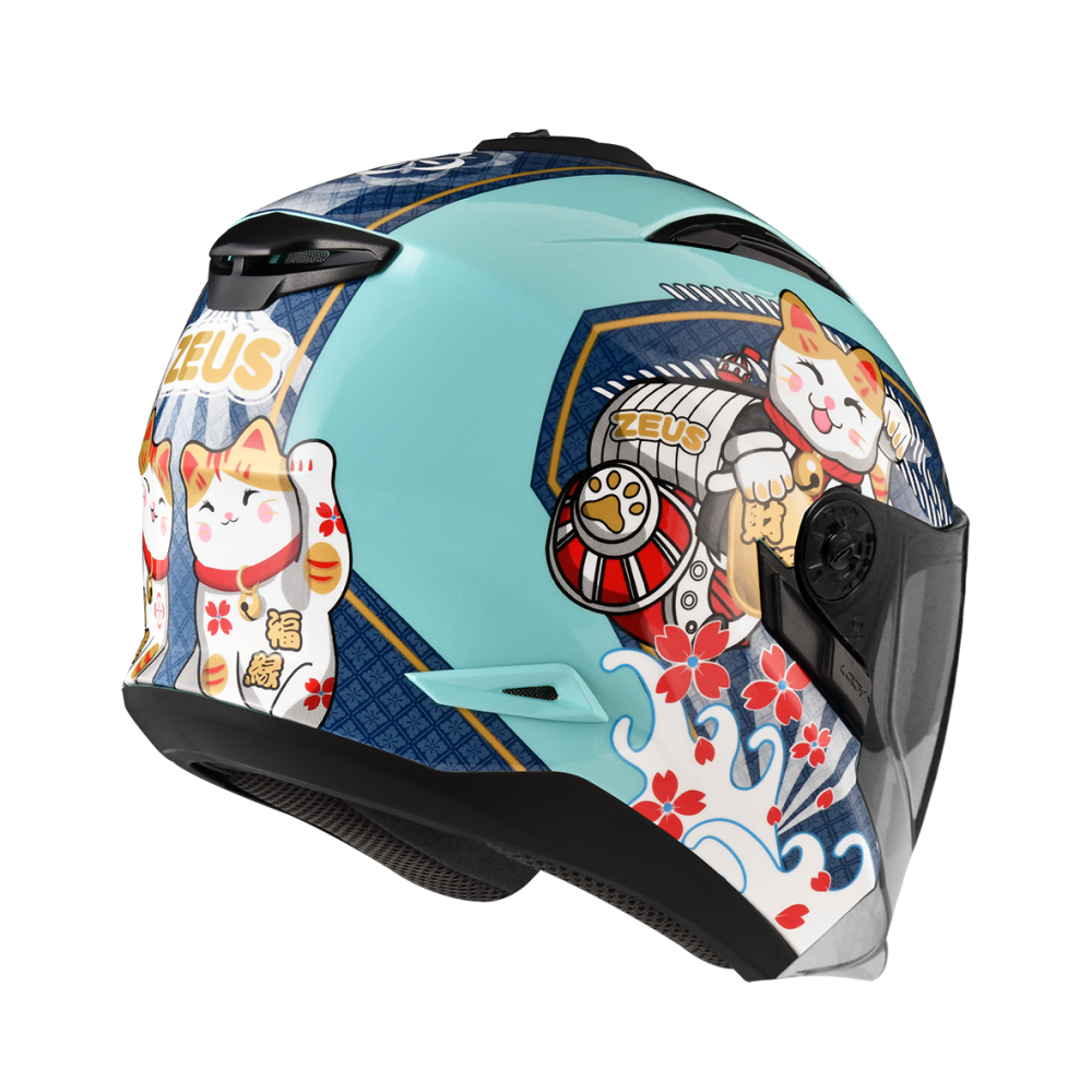 ZEUS 瑞獅 ZS613B AJ42 招財貓 翠藍綠/深藍｜zeus helmets 彩繪 半罩 安全帽 雙鏡片