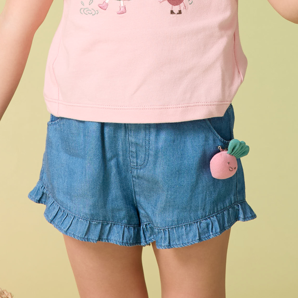 PIPPY百搭浪漫荷葉邊蘿蔔配飾天絲牛仔短褲 藍