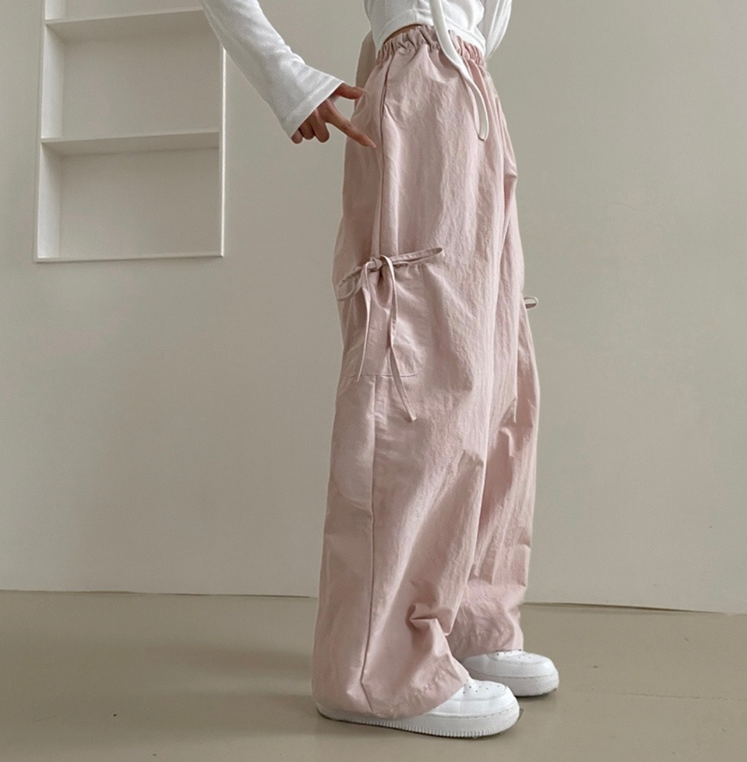 【優惠預訂】KR RIBBON STRING WIDE CRUNCHY NYLON CARGO PANTS（6色）