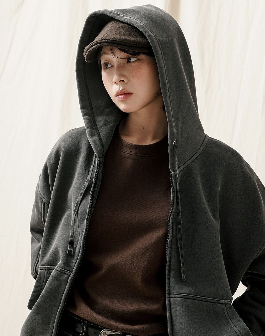 <預購> 韓國 JEMUT Pigment 復古水洗雙拉鍊連帽外套