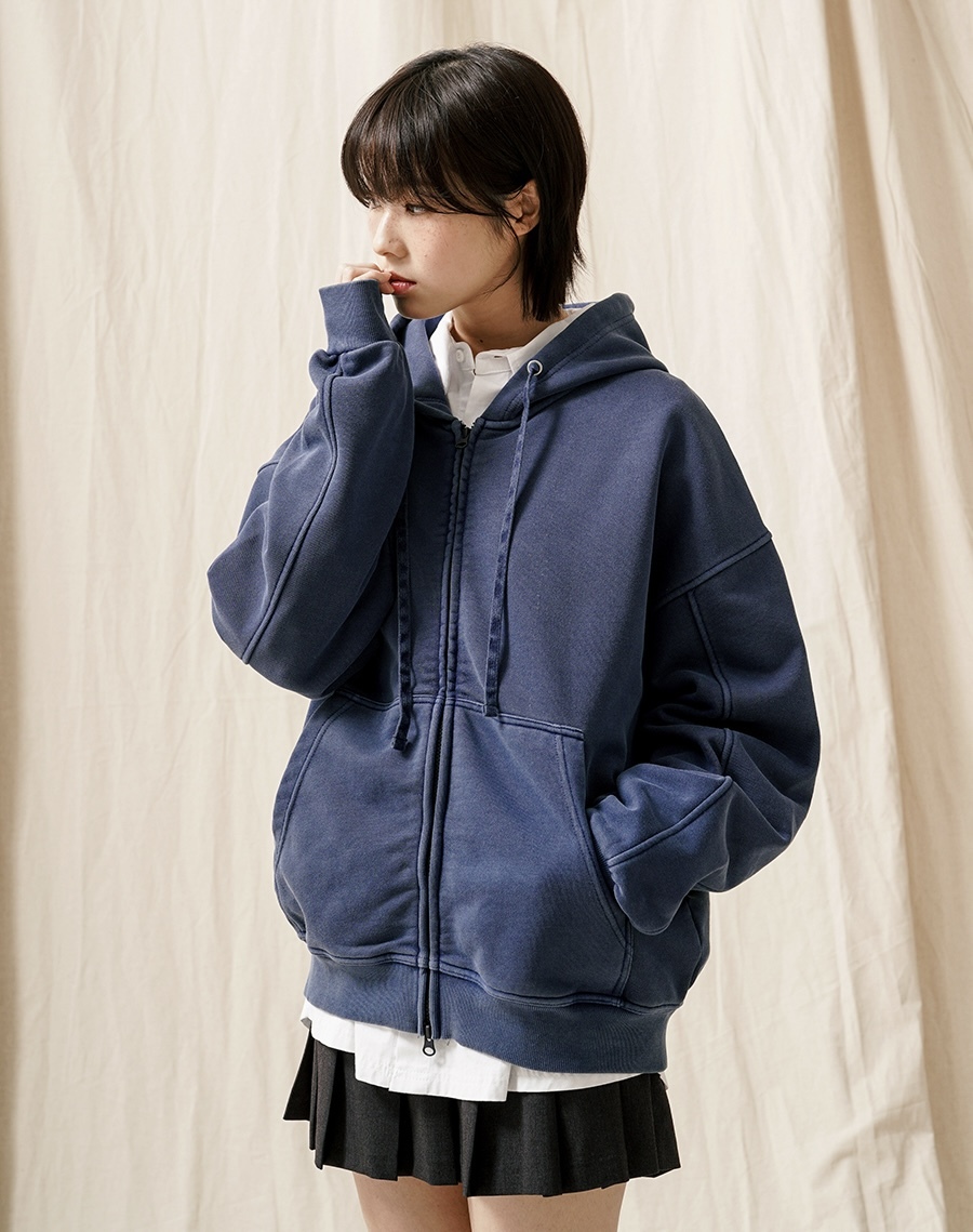 <預購> 韓國 JEMUT Pigment 復古水洗雙拉鍊連帽外套