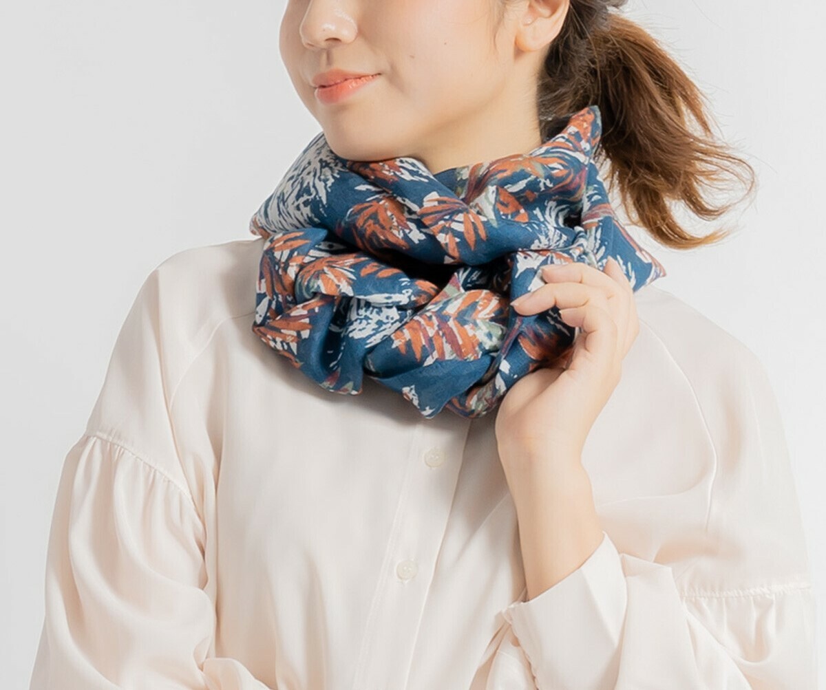 UV對策春夏色彩植物花紋綿麻頸巾【日本直送】