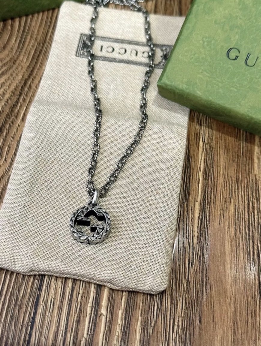 GUCCI 經典雙G 做舊復古 銀項鍊 大款