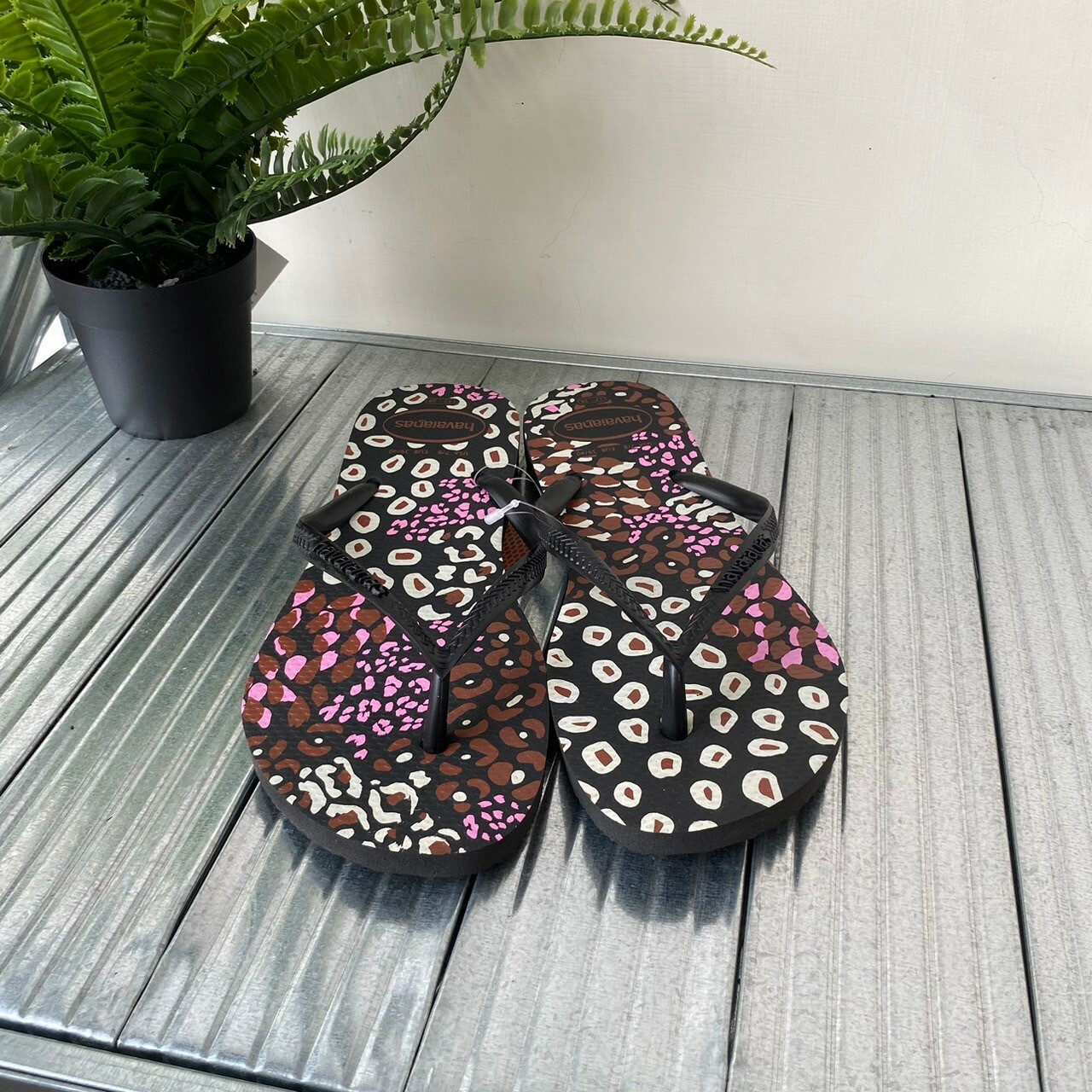 Havaianas 哈瓦仕 Slim Animals拖鞋女鞋夾腳拖 粉色豹紋 黑色 4103352-2500W