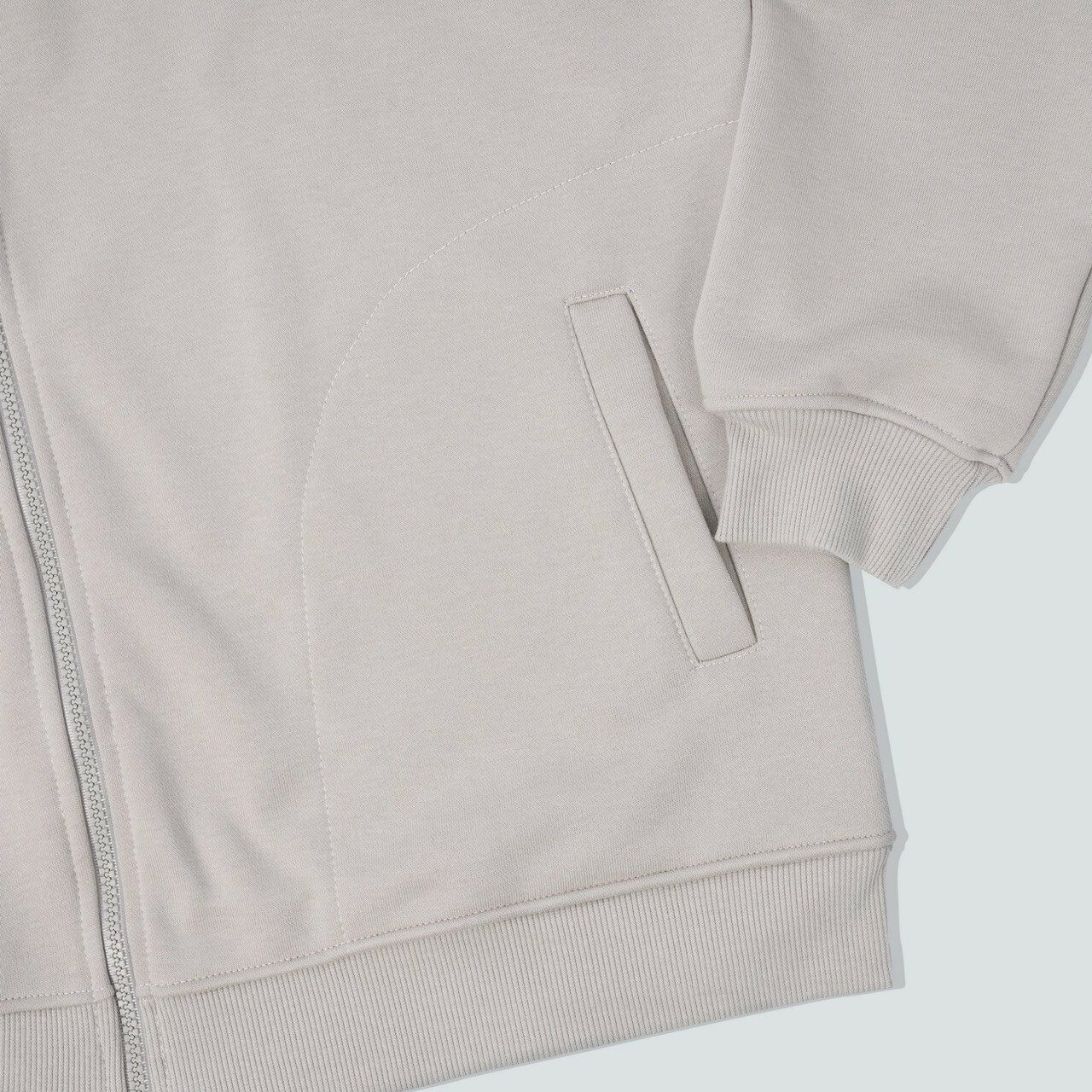 #17677 極厚磅圓弧口袋連帽外套口袋細節照