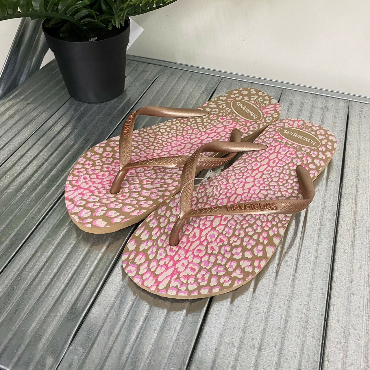 Havaianas 哈瓦仕 Slim Animals拖鞋女鞋夾腳拖 粉色金色豹紋 4103352-8548w