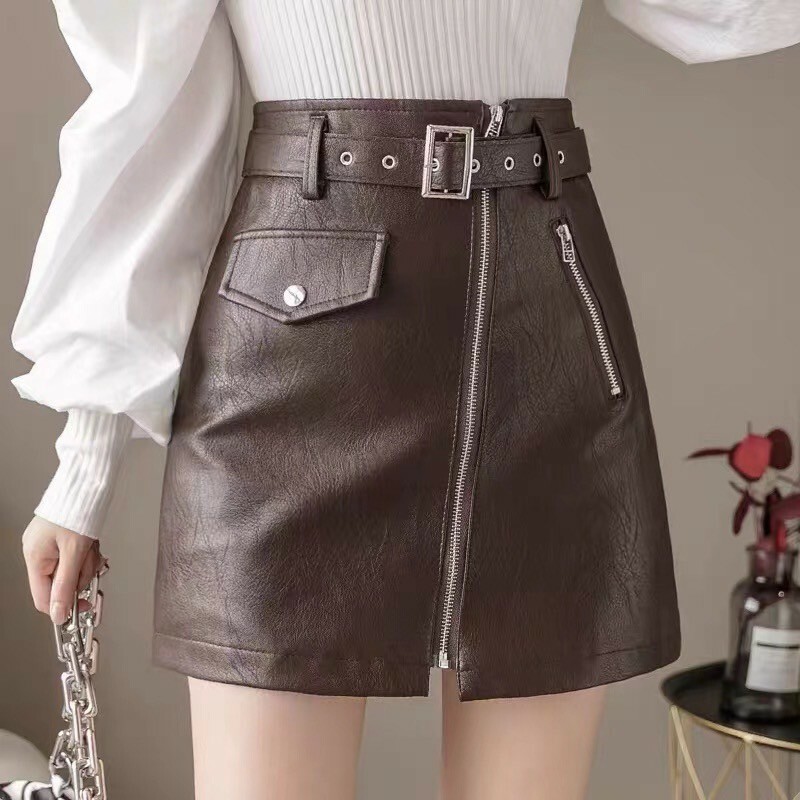 拉鍊皮帶皮短裙(附皮帶)