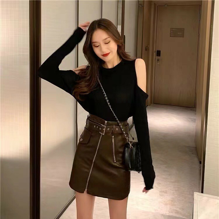 拉鍊皮帶皮短裙(附皮帶)