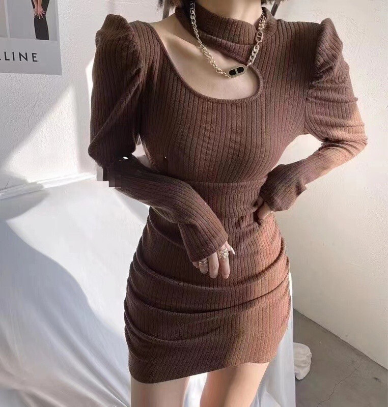 墊肩不規則挖空洋裝