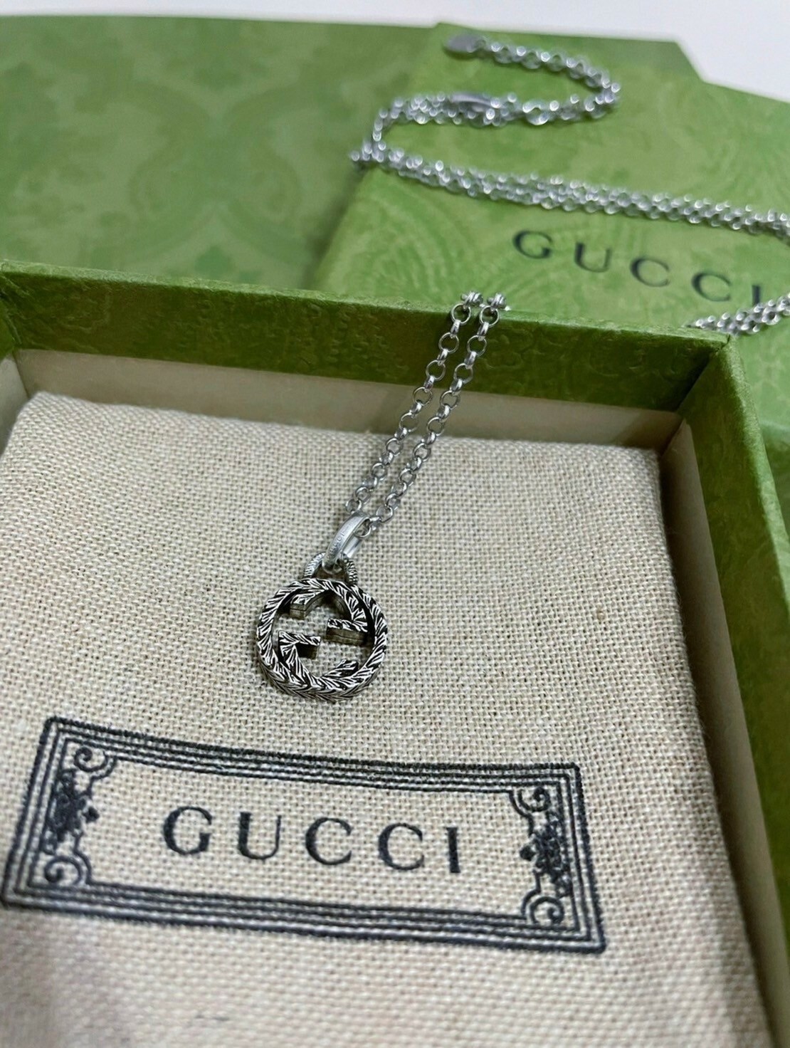 GUCCI 經典雙G 做舊復古銀項鍊 小款