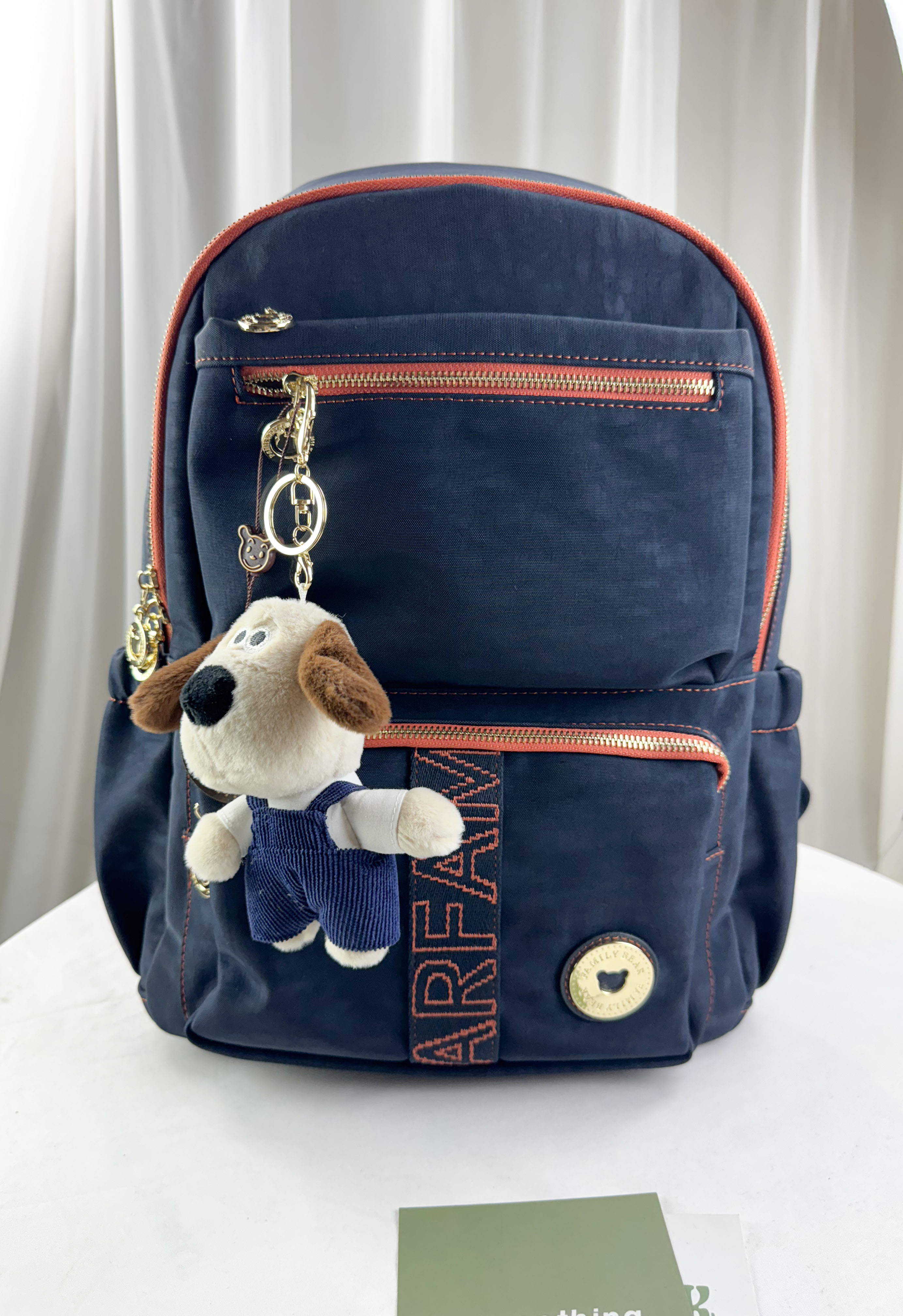 FamilyBear 藍橙織帶防潑水後背包 附兔兔吊飾 #2627