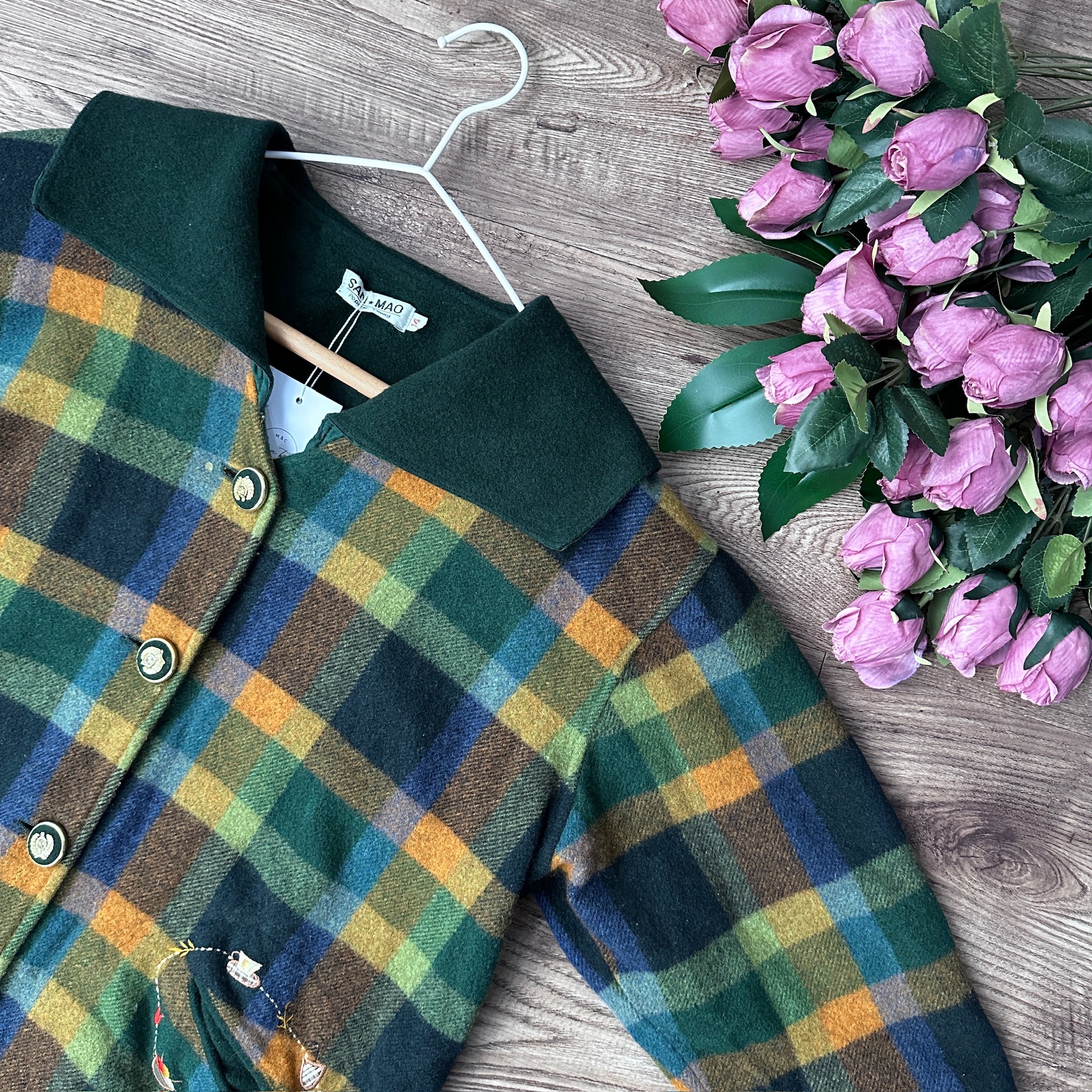 黃綠色格紋可愛刺繡外套