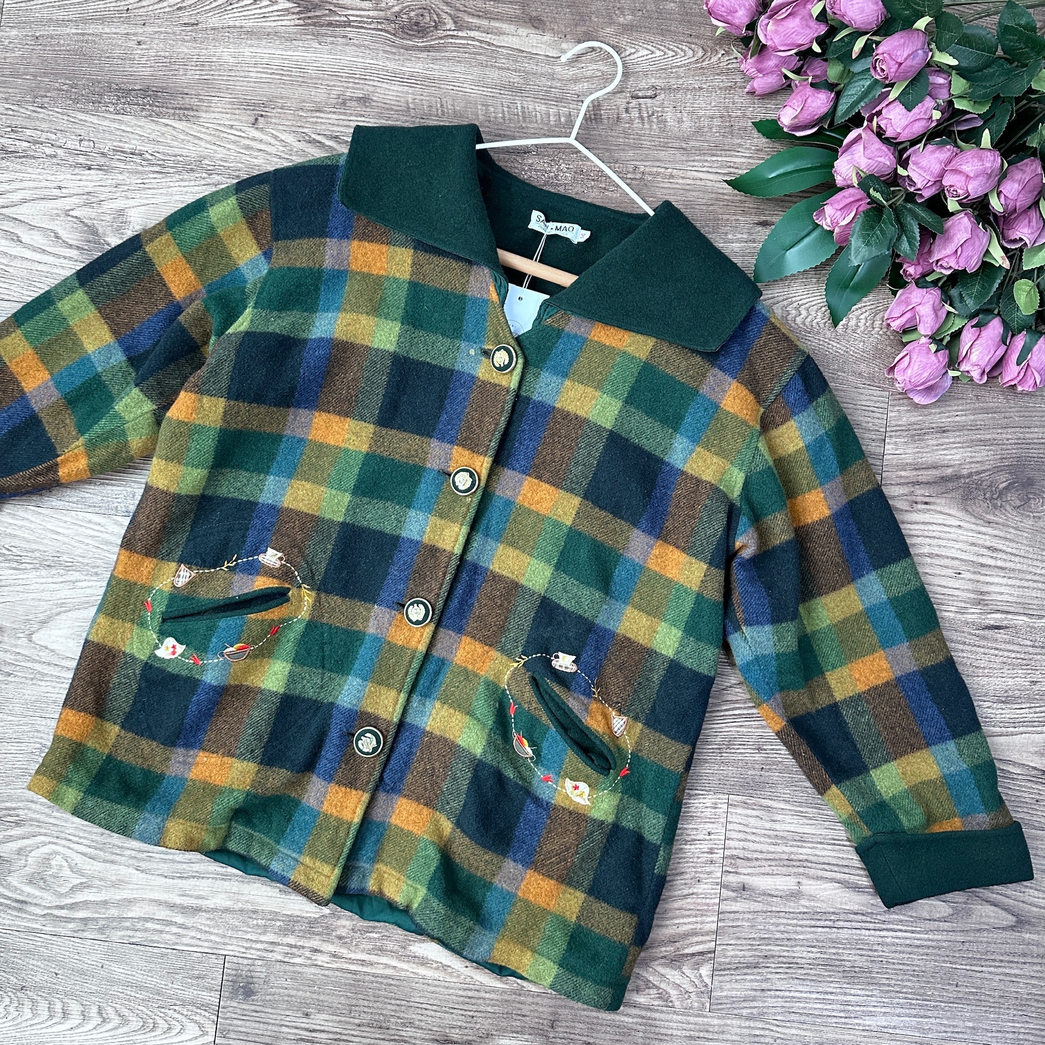 黃綠色格紋可愛刺繡外套