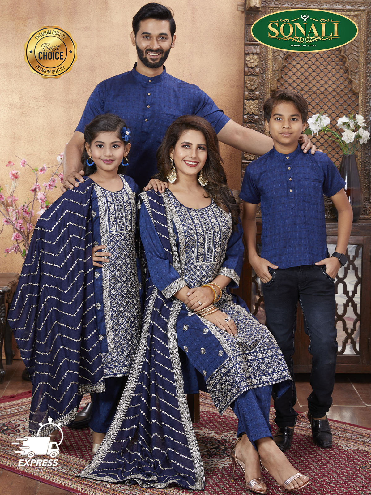 Sonali Premier Quality Blue Family Collection Men's & Boy's Shirt / Women's & Girl's Suit (Free Dupatta) - Q1806/Q1807/Q1808/Q1809