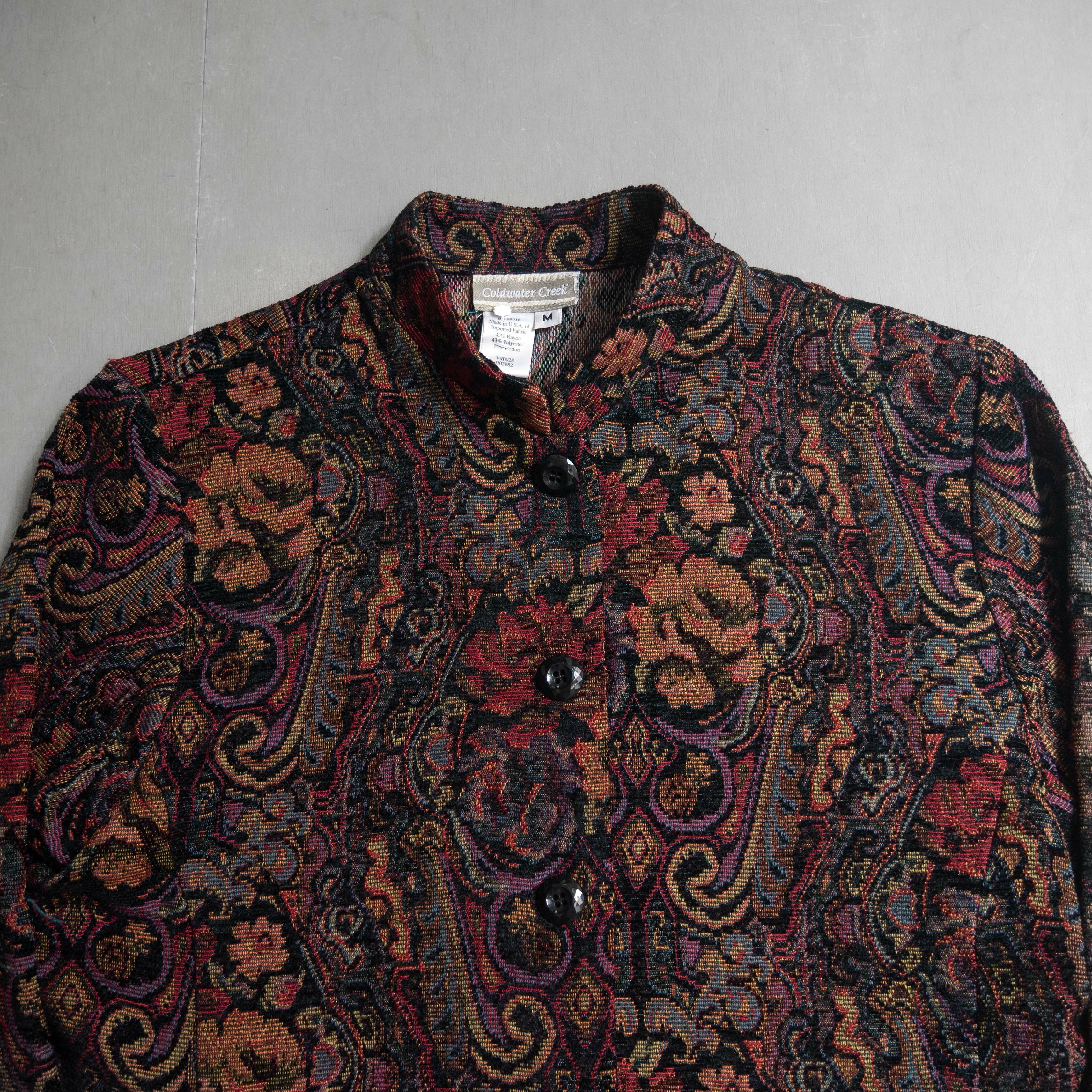 90S VINTAGE TAPESTRY JACKET 美國 酒紅色 變形蟲 掛毯 針織 立領 外套