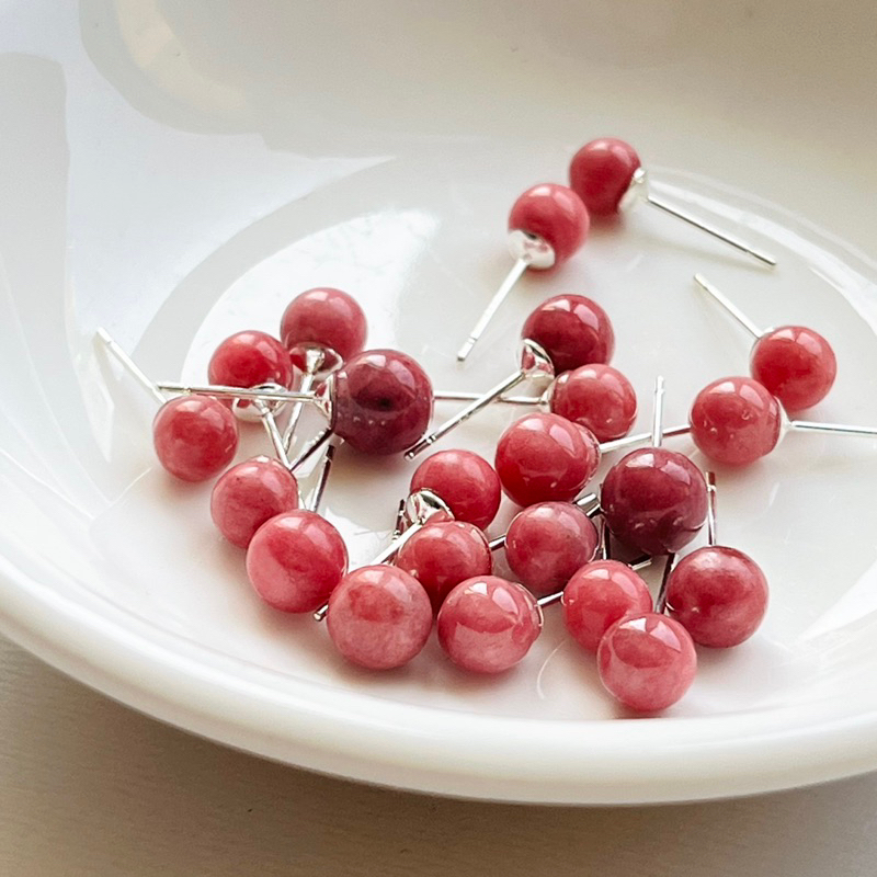 [原石] 薔薇輝石 水晶耳環