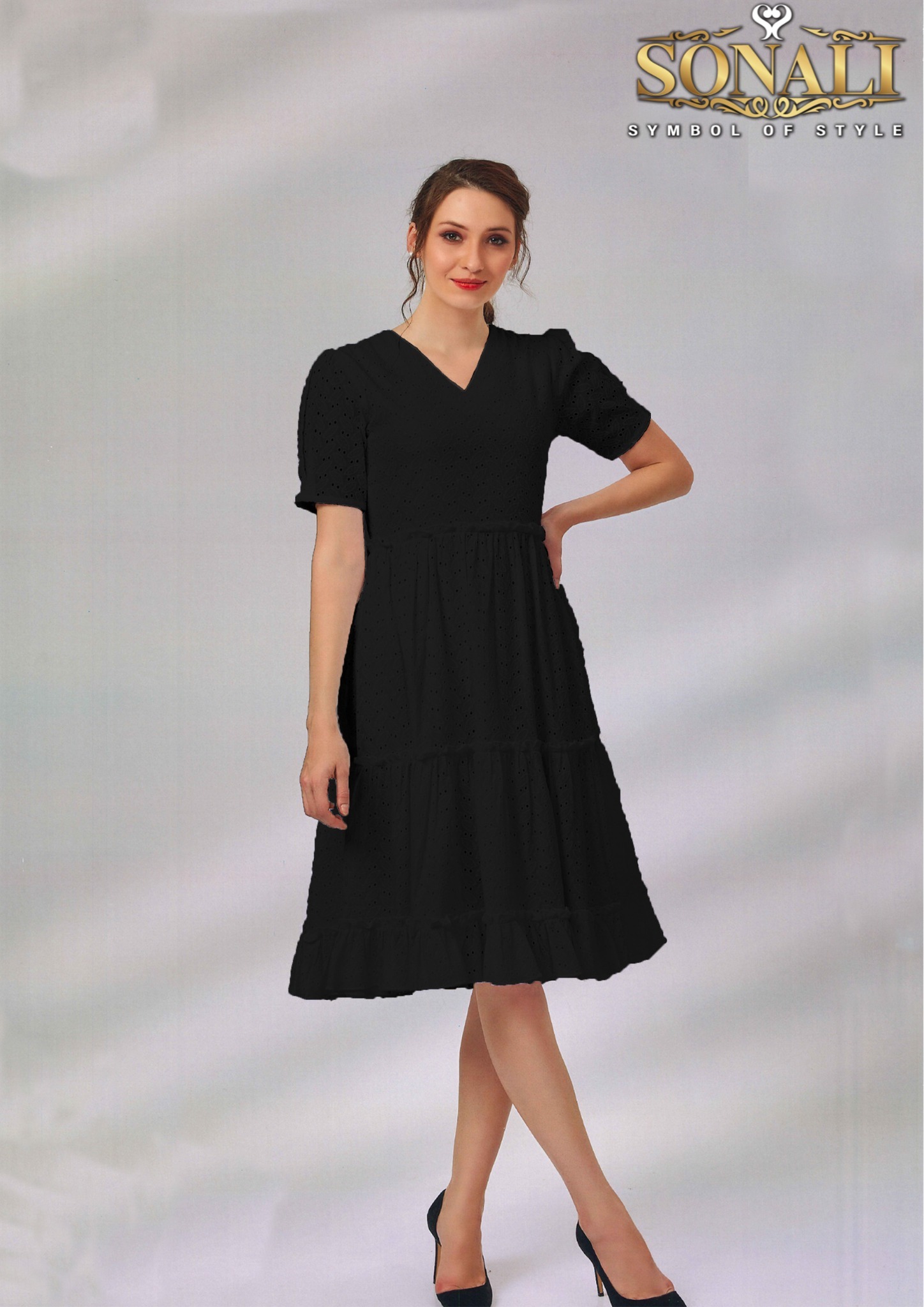 Sonali Premier Quality Jasmine white  / Black / Brown Midi Dress - LJE1315