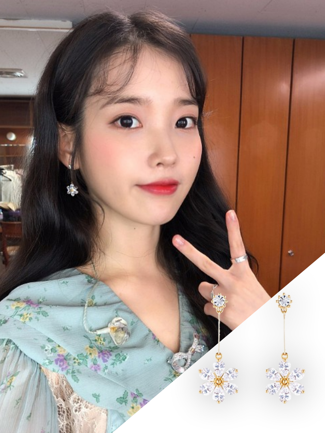 韓國WING BLING授權 透明水鑽花朵兩式垂吊耳環(IU同款)