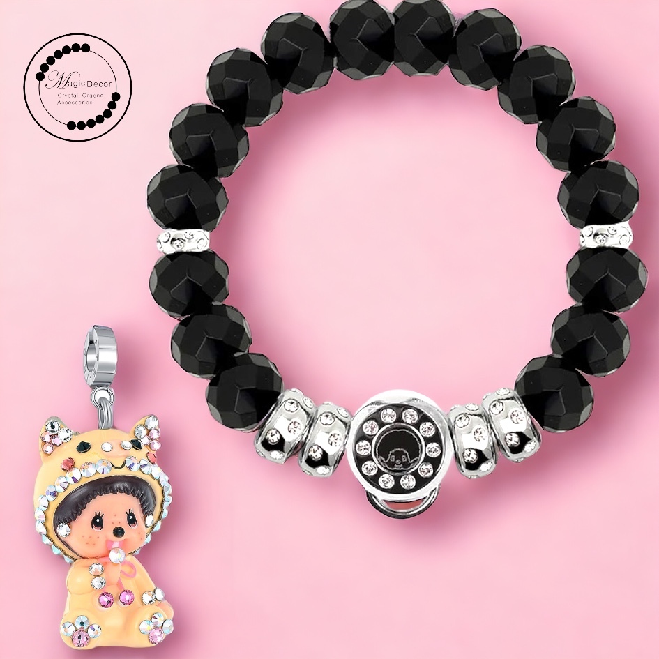 240213-M5豬 半寶石隔珠手鏈(黑天鵝）+豬吊咀（預售等3個月）