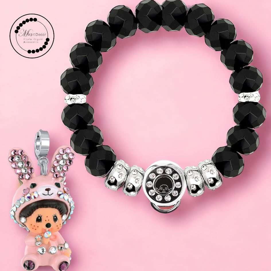 240213-M5兔 半寶石隔珠手鏈(黑天鵝）+兔吊咀（預售等3個月）