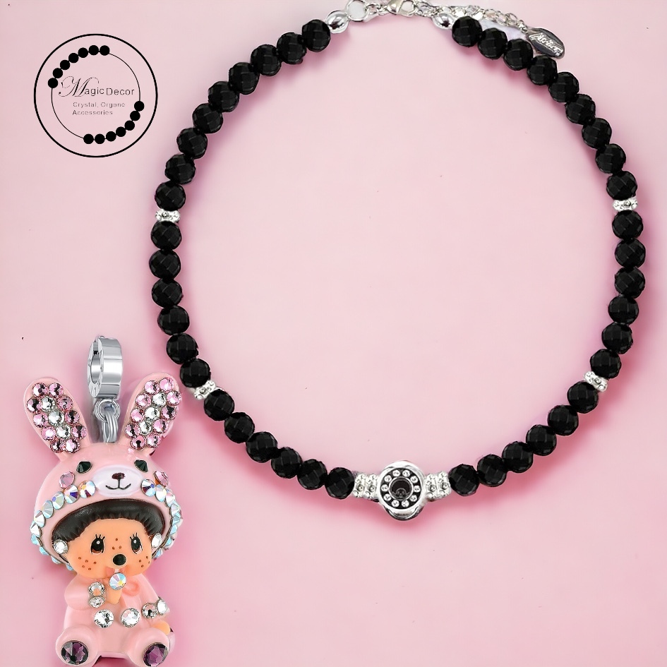 240213-M6兔 半寶石隔珠項鏈(黑天鵝）+兔吊咀（預售等3個月）