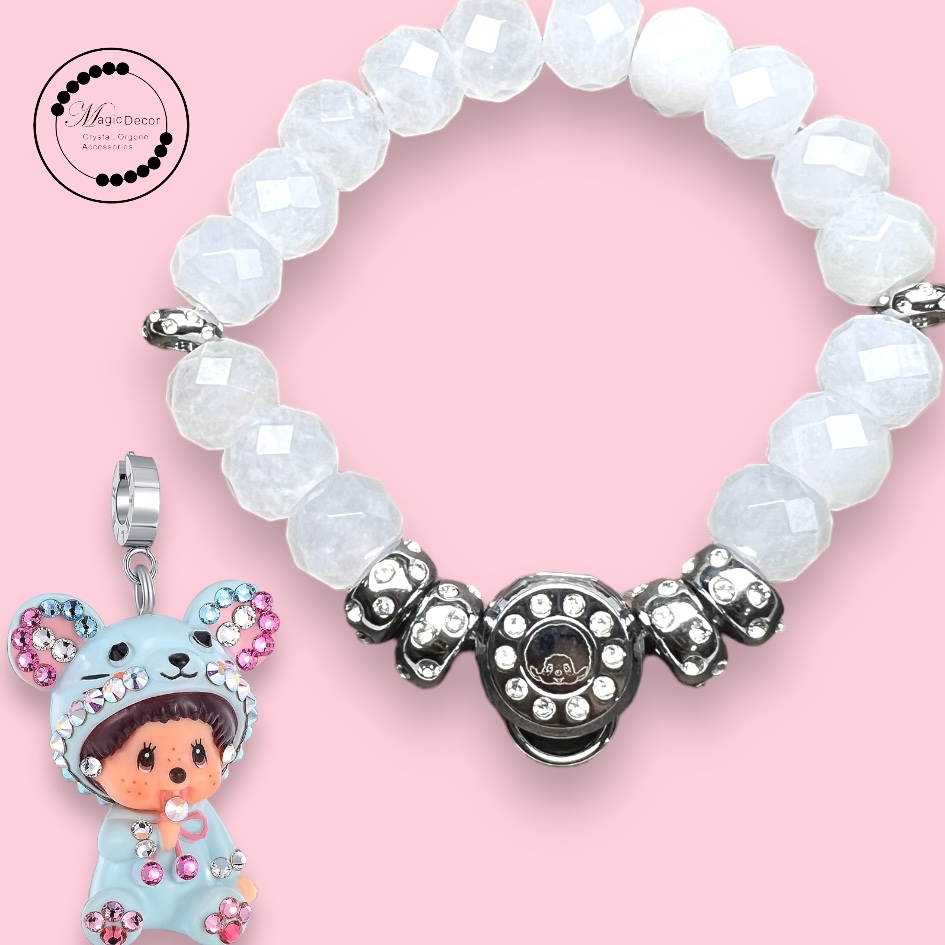 240213-M7鼠 半寶石隔珠手鏈(白玉)+老鼠吊咀（預售等3個月）