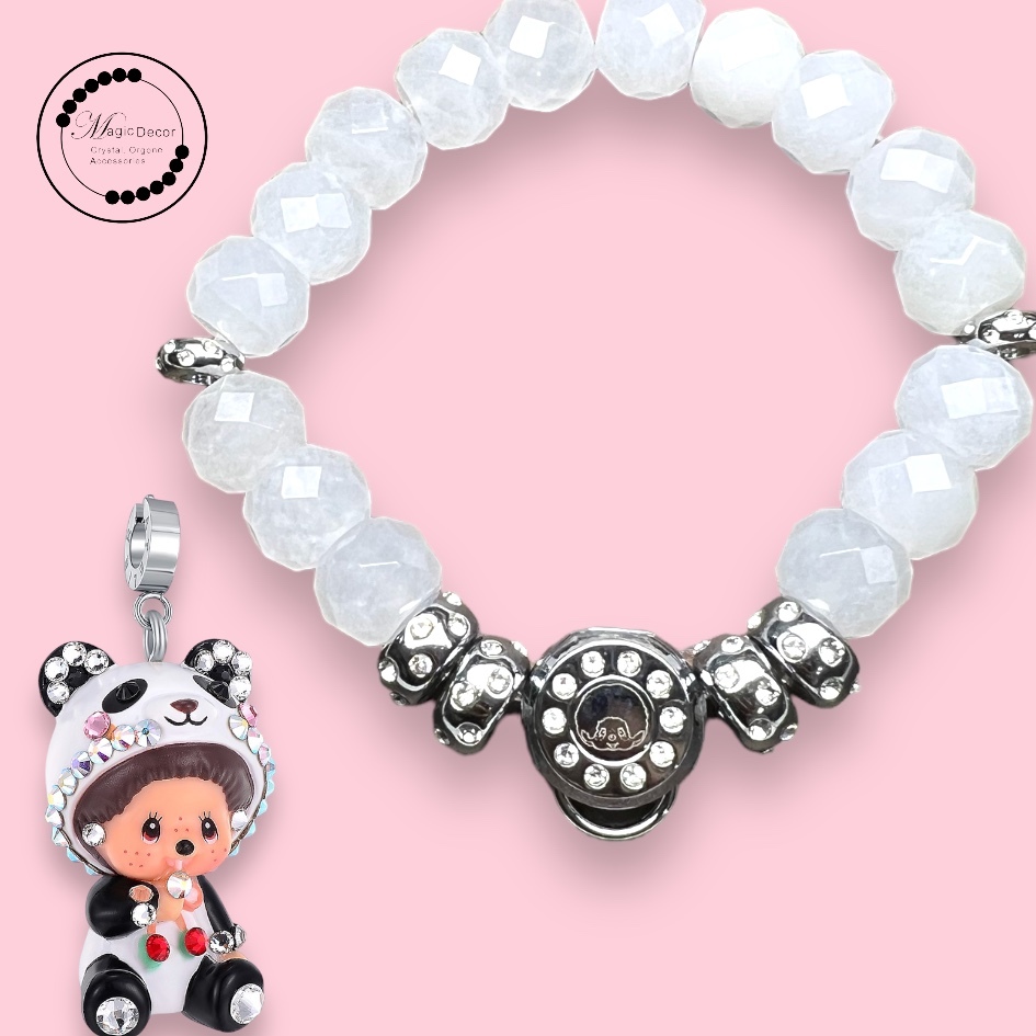 240213-M7熊貓 半寶石隔珠手鏈(白玉)+熊貓吊咀 （預售等3個月）