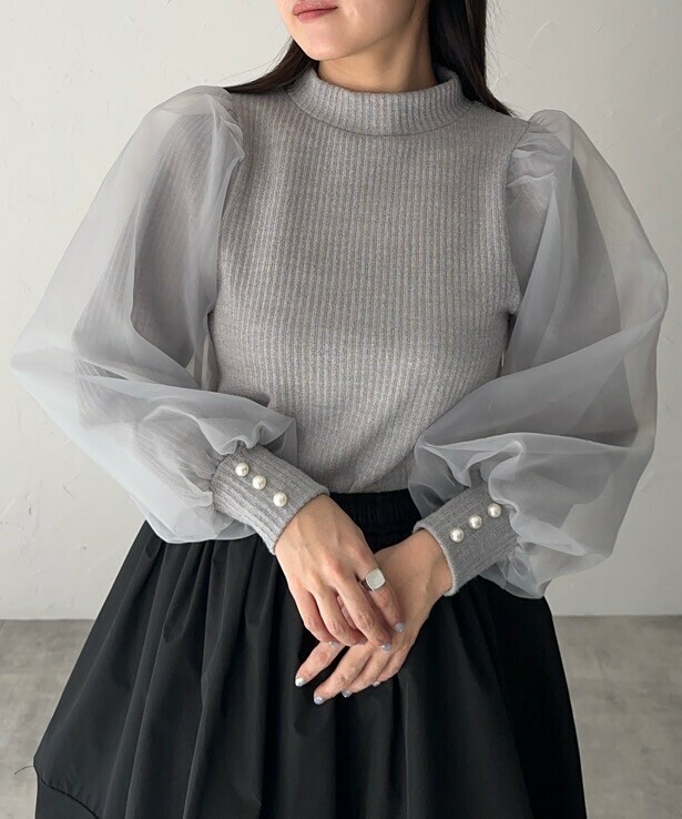 ｛Special Price｝𓆞淺灰色歐根紗袖羅紋針織套頭衫【日本直送】