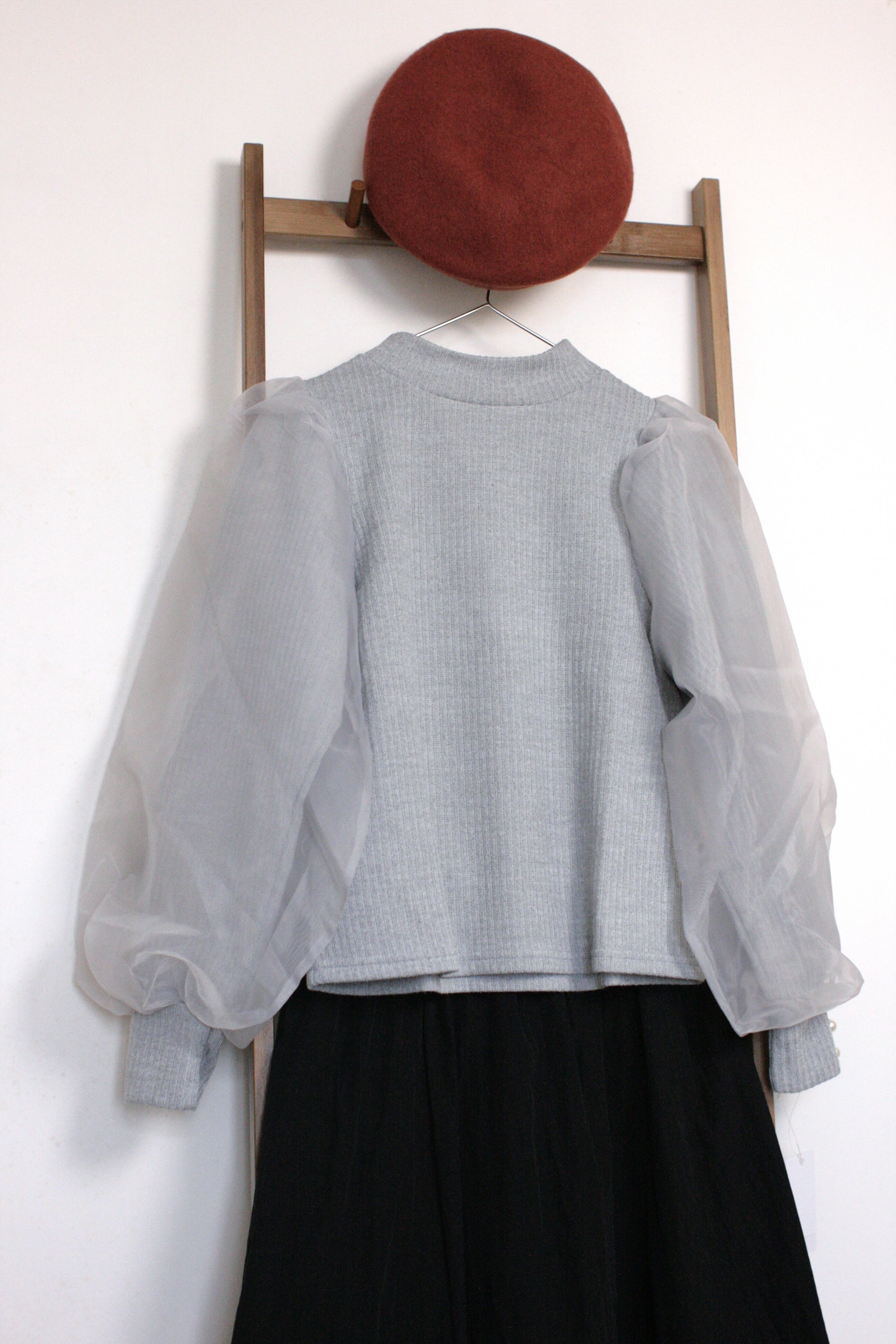 ｛Special Price｝𓆞淺灰色歐根紗袖羅紋針織套頭衫【日本直送】