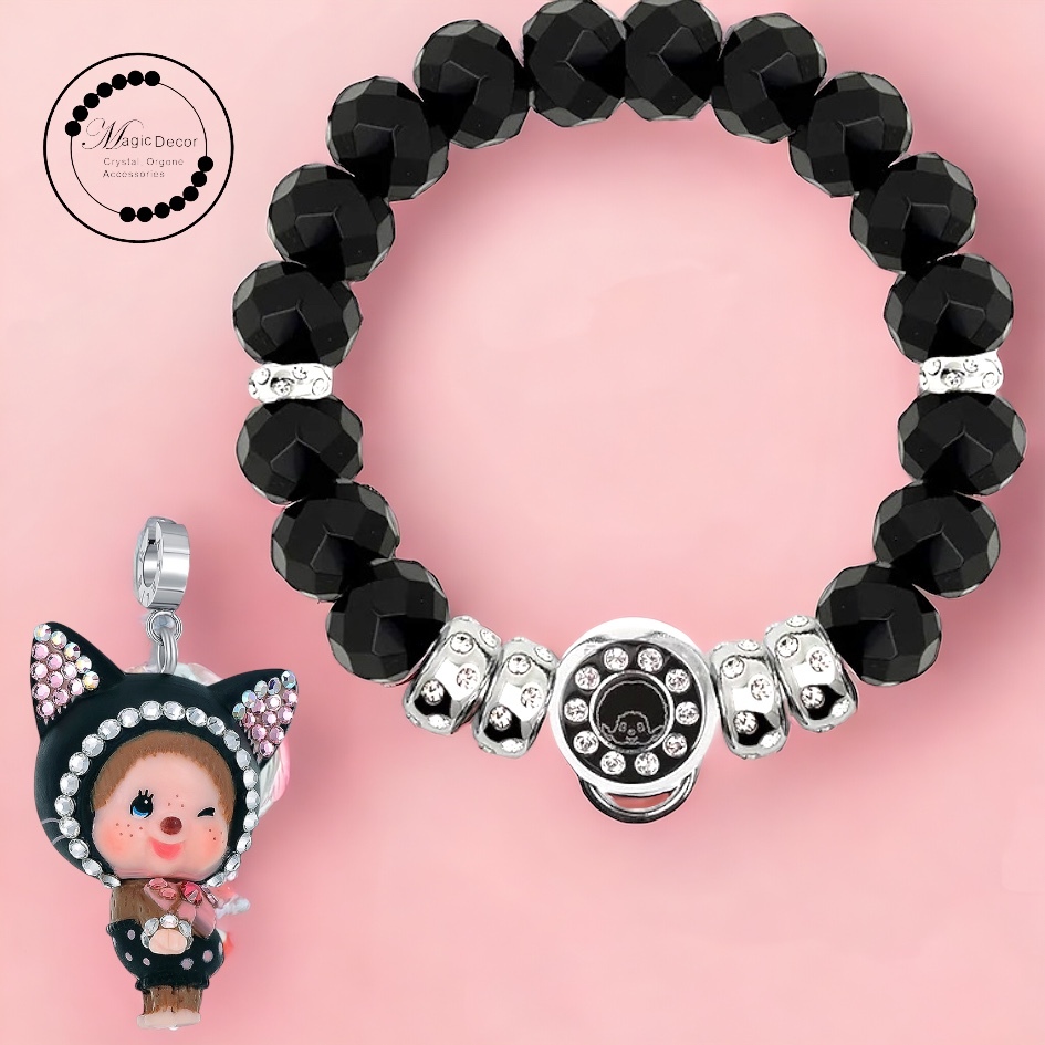 240213-M5貓 半寶石隔珠手鏈(黑天鵝）+貓吊咀（預售等3個月）