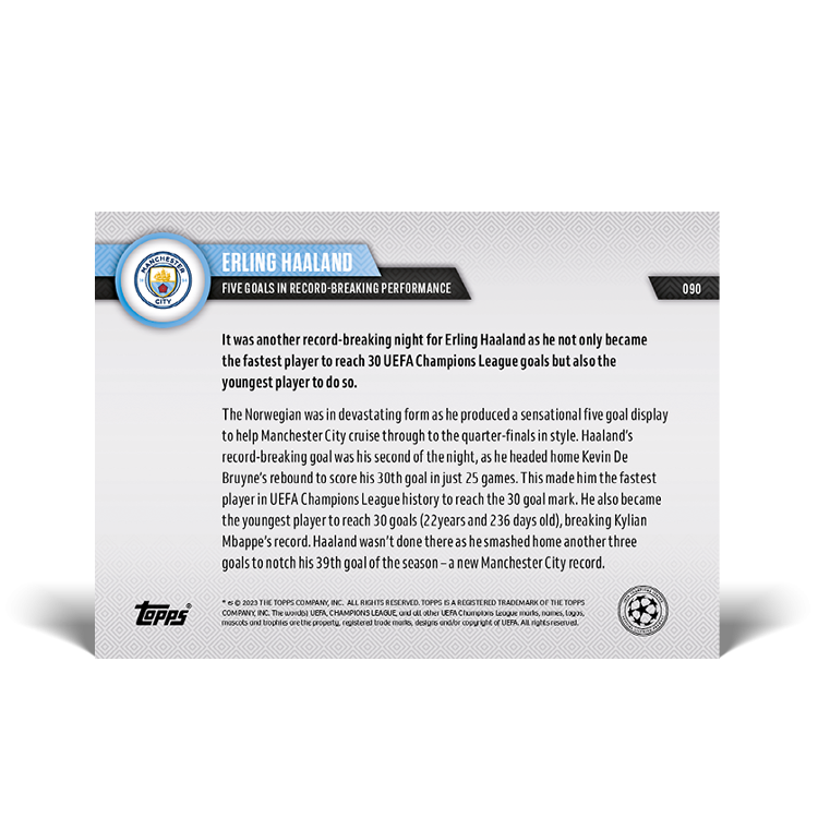 Erling Haaland Topps Now 魔人普烏 哈蘭德 歐洲足球冠軍賽 五福臨門 五子登科 單場五次進球 #090