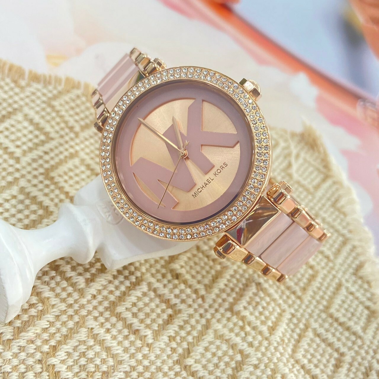 【MICHAEL KORS】時尚晶鑽玫瑰金大LOGO女錶MK7371 39mm 現代鐘錶