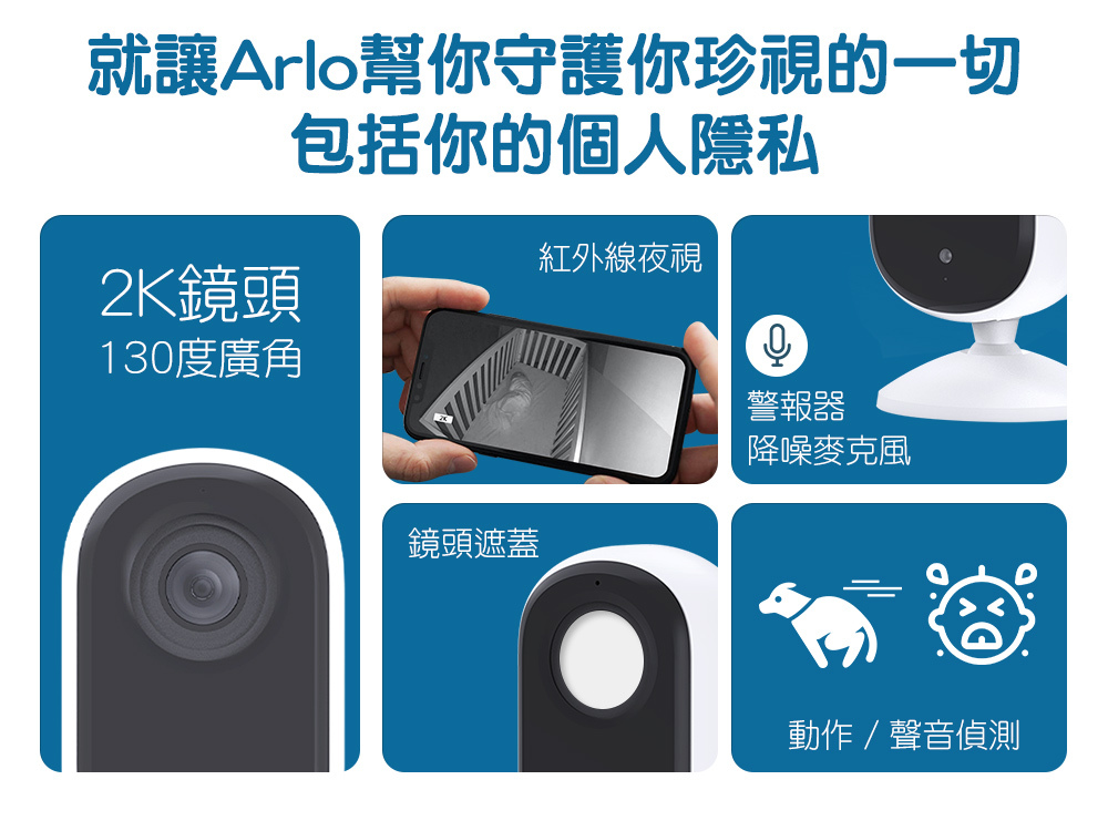 就讓Arlo 室內雲端無線 Wi-Fi 攝影機守護你珍視的一切，包括你的個人隱私