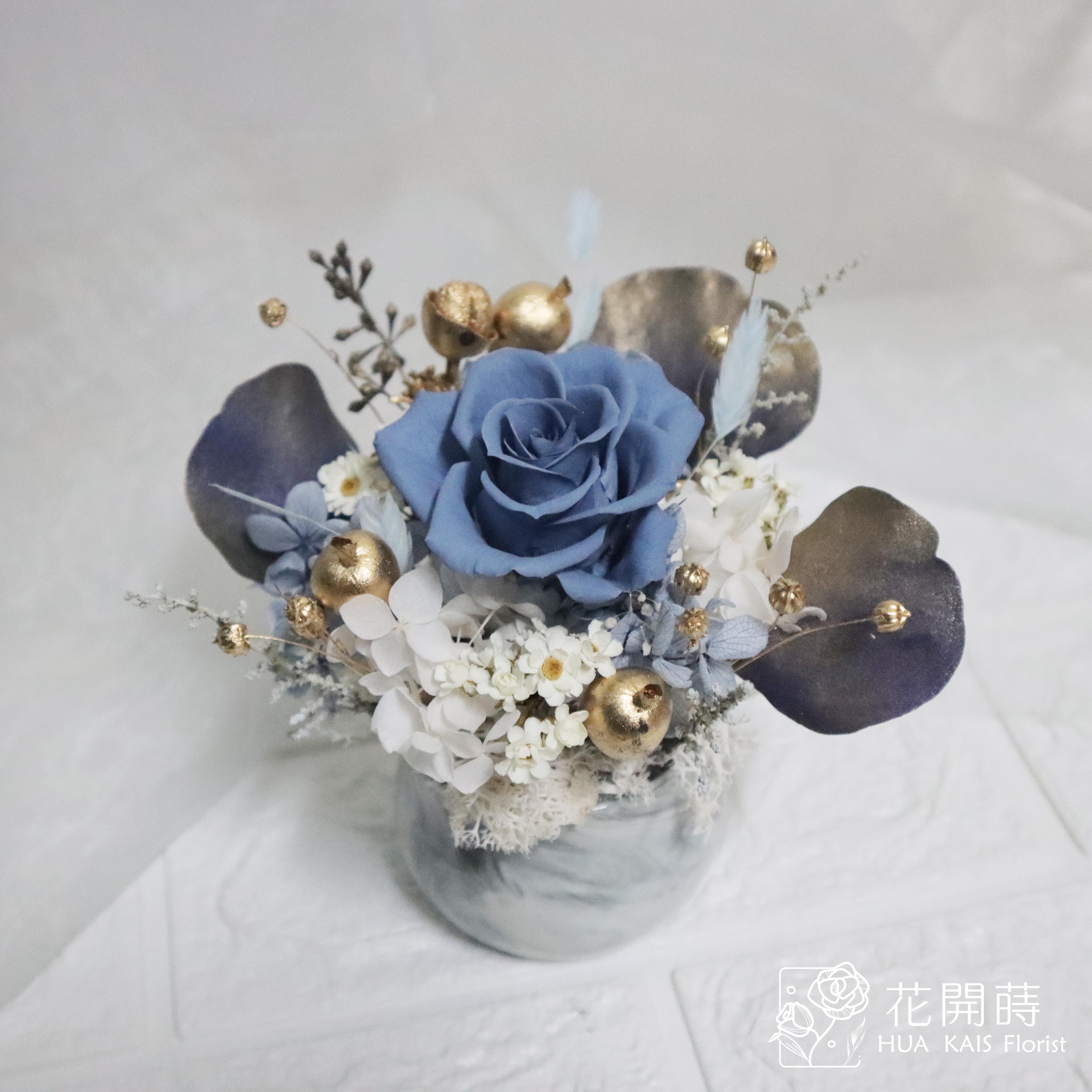 迷你小盆栽|深海藍|永生玫瑰花|辦公室小桌花|永生花禮物