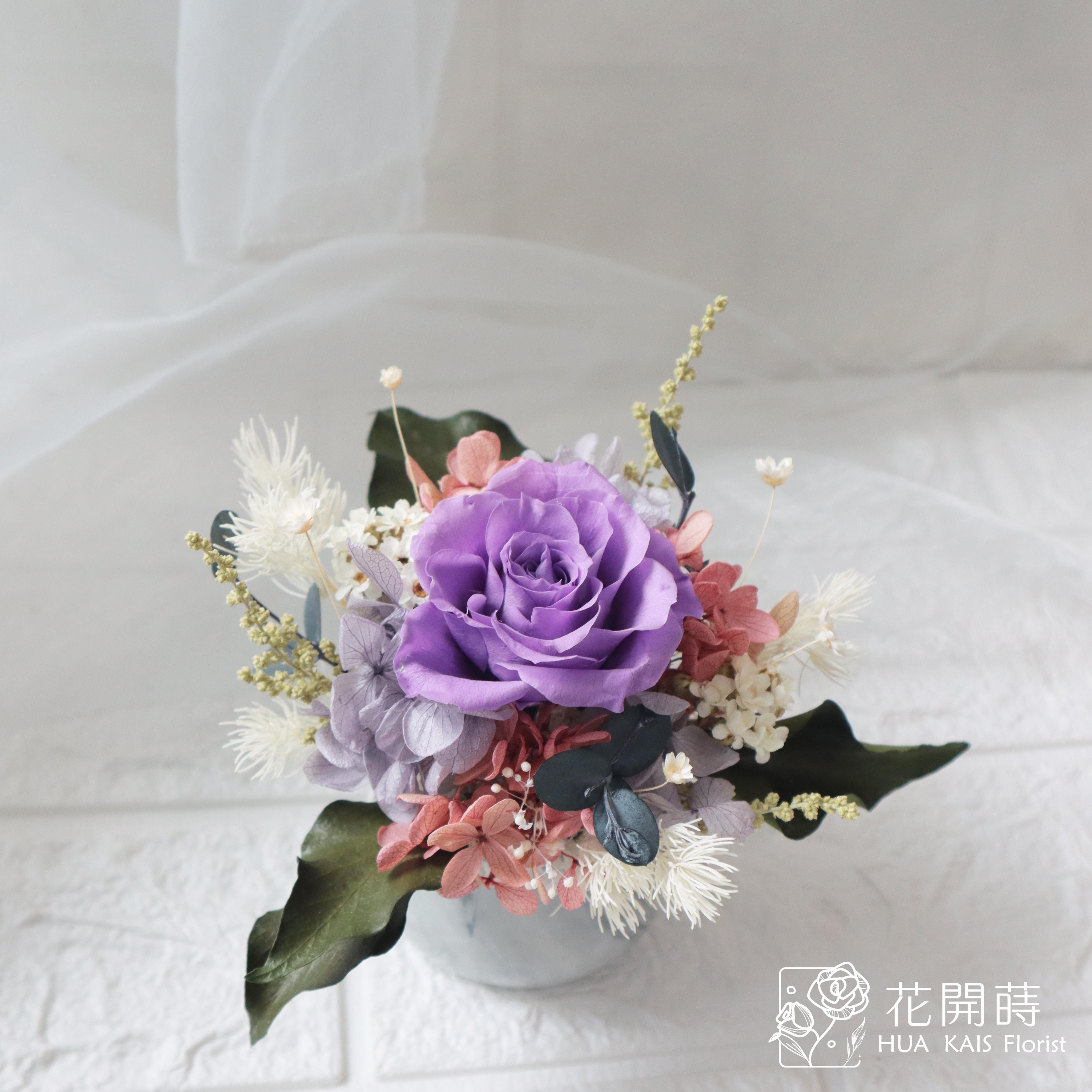 迷你小盆栽|紫色戀人|永生玫瑰花|辦公室小桌花|永生花禮物