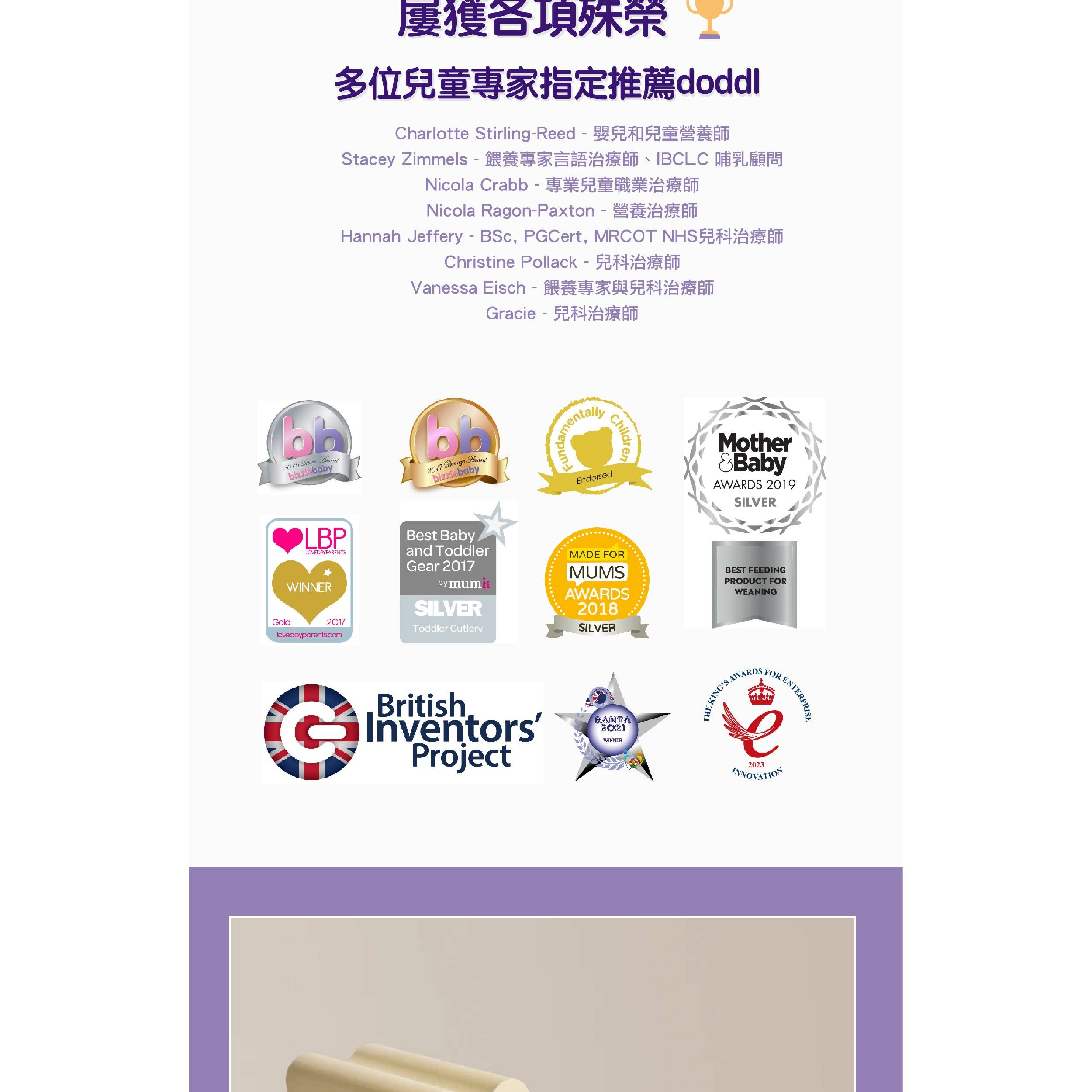 屢獲各項殊榮多位兒童專家指定推薦doddlCharlotte StirlingReed Stacey Zimmels 餵養專家言語治療師、IBCLC 哺乳顧問Nicola Crabb兒童職業治療師Nicola Ragon-Paxton - Hannah Jeffery - BSc, PGCert, MRCOT Christine Pollack-兒科治療師Vanessa Eisch-餵養專家與兒科治療師Gracie-兒科治療師 bizziebaby2017  bizziebabyGoldEndorsedChildrenMotherBabyAWARDS 2019SILVERLBPLOVEDBYFARENTSWINNERBest Babyand ToddlerGear 2017by mumSILVERMADE FORMUMSAWARDS2018BEST FEEDINGPRODUCT FORWEANING2017Toddler CutlerySILVERlovedbyparents.comBritishInventorsProjectBANTA2021WINNERAWARDSTHE KINGS FORRENTERPRISE 2023INNOVATION