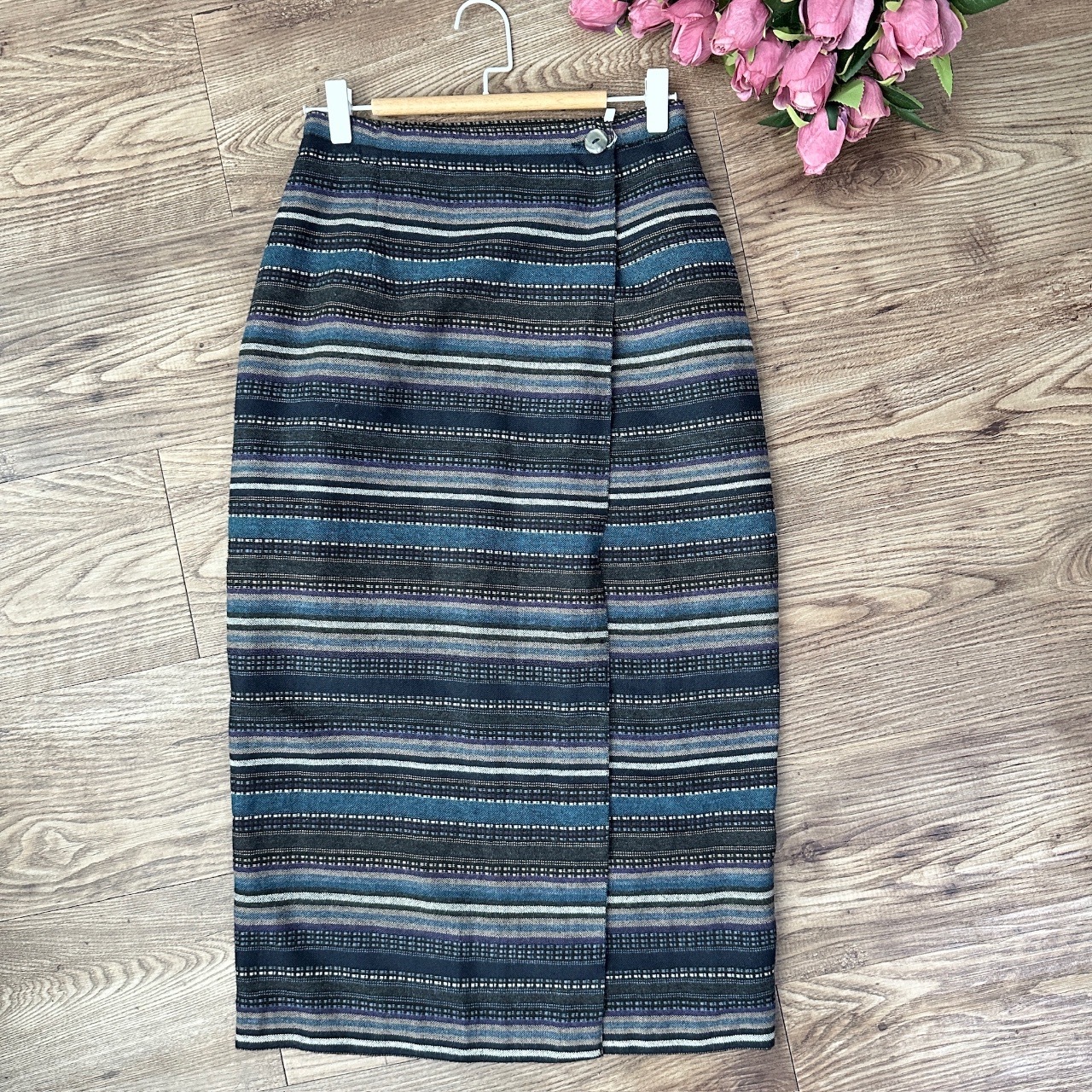 法國製灰藍橫紋羊毛半身裙