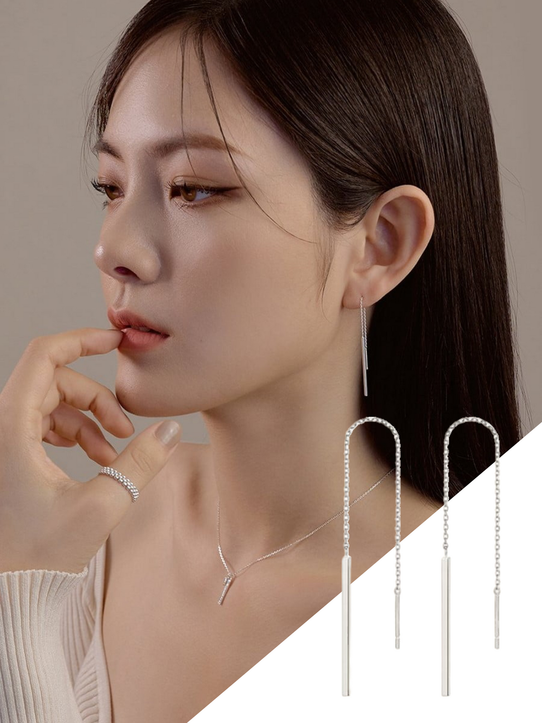 韓國WING BLING授權 925純銀貴氣銀條設計吊式耳環